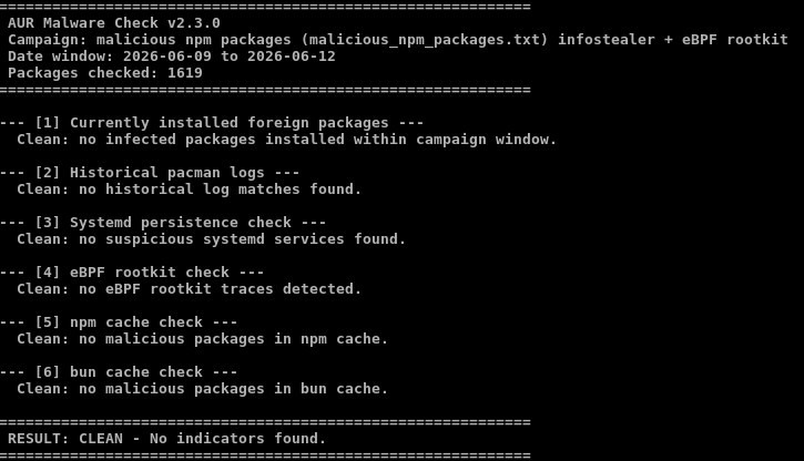 Konsolen Screenshot nach dem AUR Malware Check Test. Alles Tests sind mit Clean abgeschlossen.